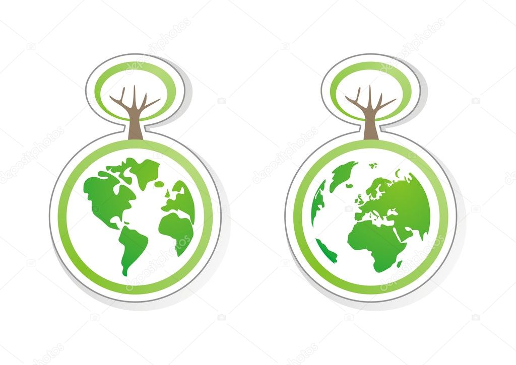 Vector eco recycling icon, logo, sign or sticker with green trees. World globe isolated on white background with shadow and both globes: North and South America, Greenland, Africa, Europe and Asia.