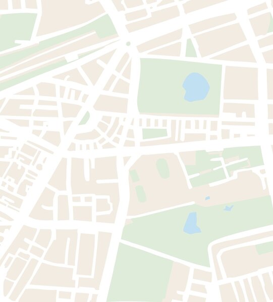Абстрактная векторная иллюстрация карты города с улицами, парками и прудами

