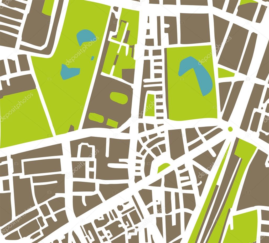 Abstract vector city map with streets, buildings, parks and lakes