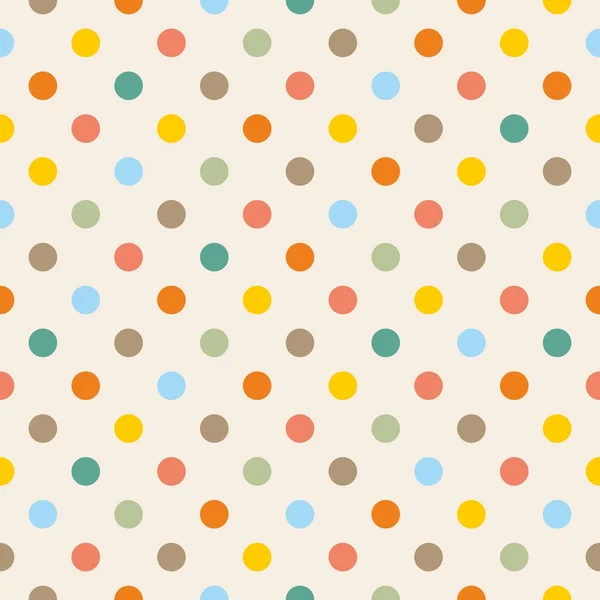 Seamless vector pattern or texture with colorful yellow, orange, pink, green and blue polka dots on beige background — Stock Vector