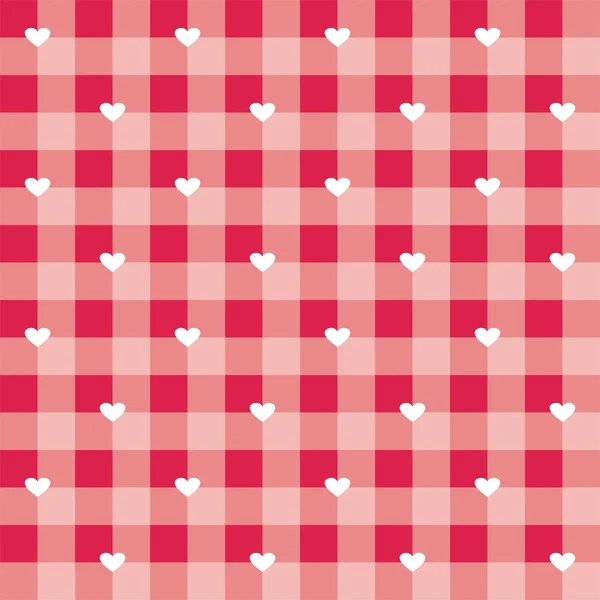 Fondo vectorial de San Valentín rojo dulce sin costuras - patrón a cuadros o textura de rejilla con corazones blancos llenos de amor — Vector de stock