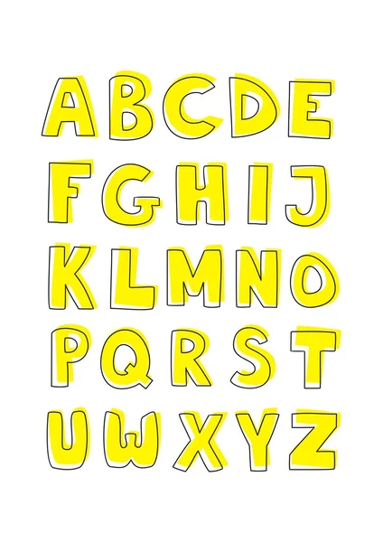 Gele kinderen vector Alfabetletters hand getrokken — Stockvector
