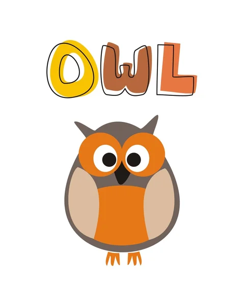 O is for owl - векторная иллюстрация с забавным взглядом на оранжевую сову, сидящую под нарисованным вручную каракулем — стоковый вектор