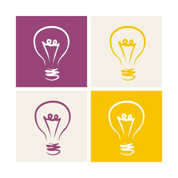 Vector light bulb icon on colorful: beige, yellow and violet backgrounds - hand drawn doodle isolated set. Sign of creative thinking and invention. — Stock Vector