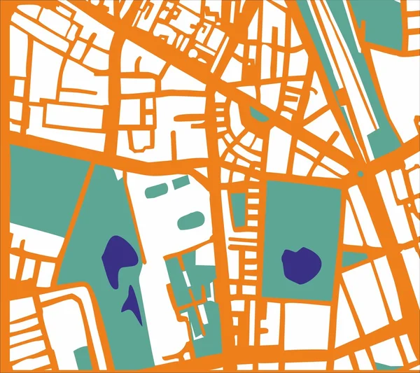 Abstract vector stadsplan met oranje straten, gebouwen, groene park en donker blauwe vijvers. eenvoudig ontwerp pop-art stad plan illustratie — Stockvector