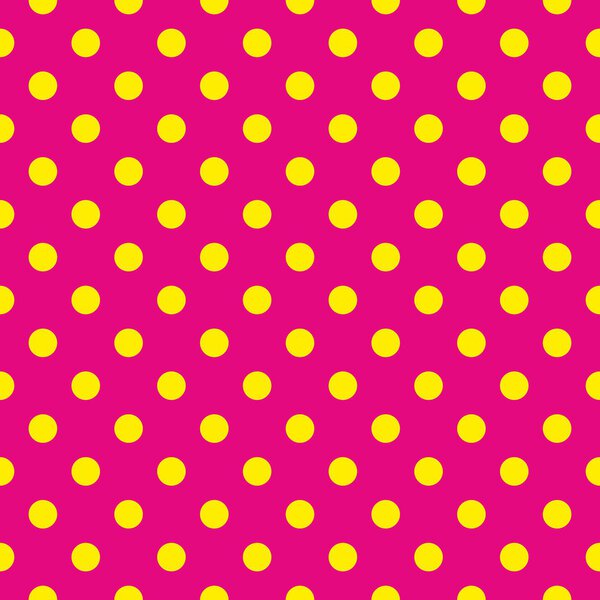 Бесшовный векторный рисунок или текстура с жёлтыми точками польки на неоновом розовом фоне. Для открыток, приглашений, веб-сайтов, настольных компьютеров, детского душа фон, вечеринки, веб-дизайна, искусства и скапбуков.