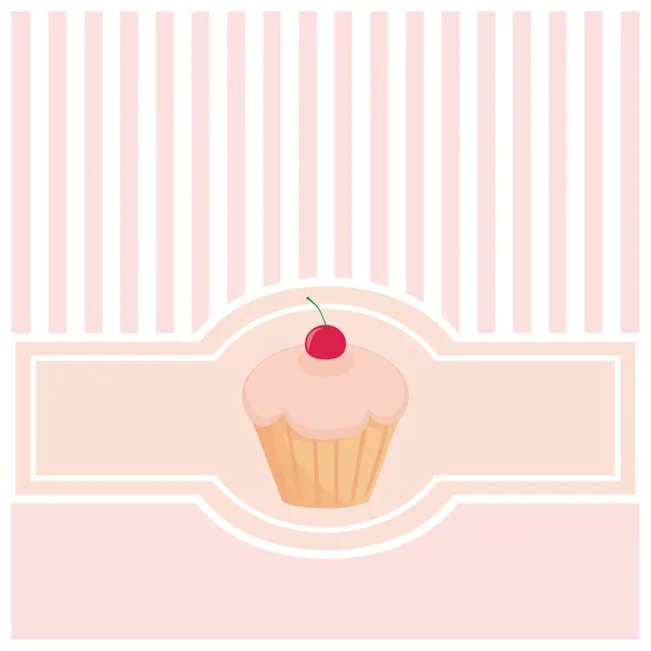 Сладкая розовая векторная свадебная открытка или приглашение на детскую вечеринку с кексом из кекса, вишни и розовыми полосками . — стоковый вектор
