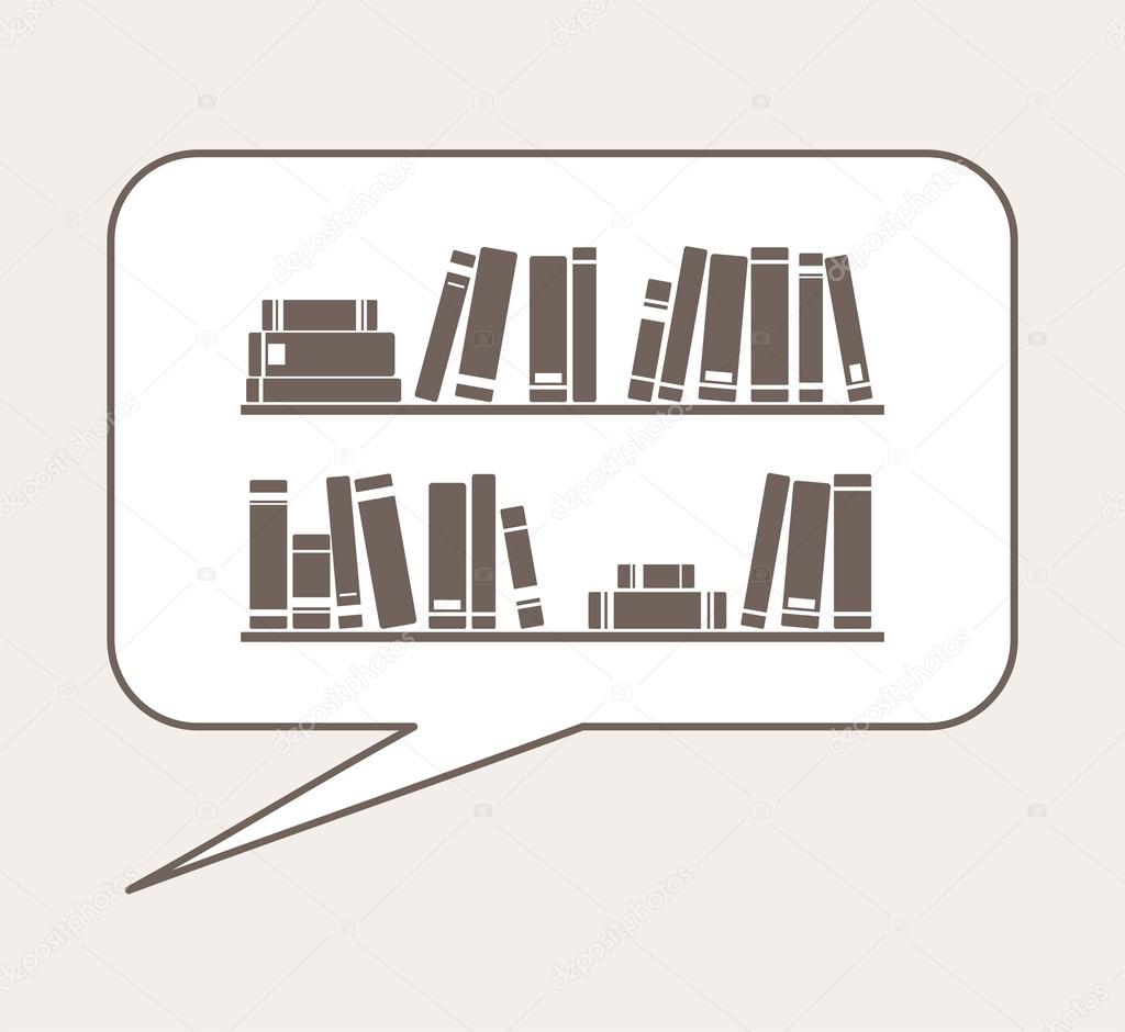 Talking or thinking about knowledge, library, learning - books on the shelves simply retro vector illustration in speech bubble balloon.