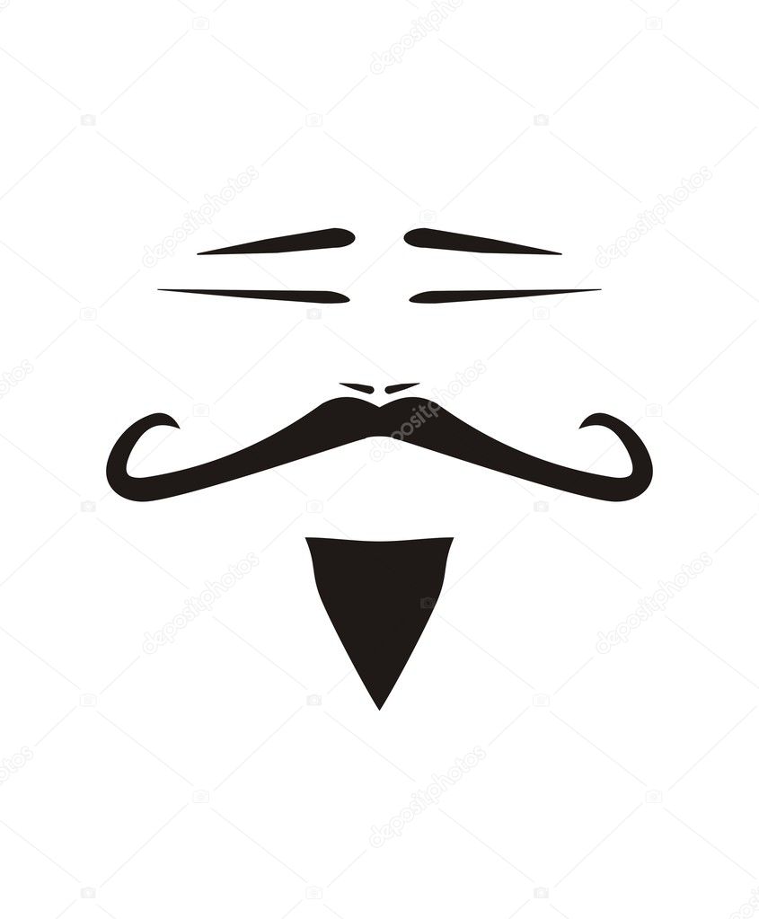 Vector Chinese man face with slanted eyes, curly long mustache and beard.
