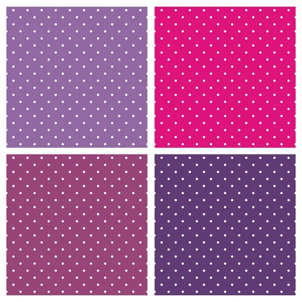 Reihe von süßen Vektor nahtlosen Mustern oder Texturen mit weißen Tupfen auf pastellfarbenem, buntem rosa, lila und violettem Hintergrund — Stockvektor