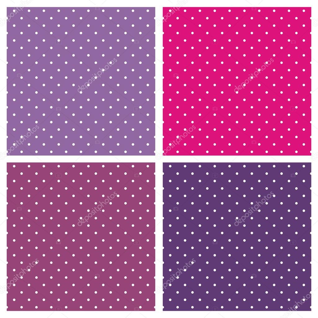 Set of sweet vector seamless patterns or textures with white polka dots on pastel, colorful pink, purple and violet background