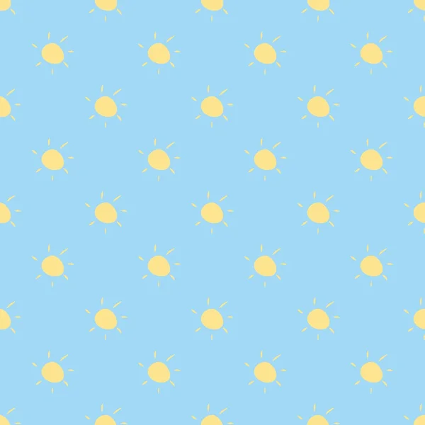 Patrón de vector sin costuras, fondo o textura con sol amarillo sobre fondo azul cielo . — Vector de stock