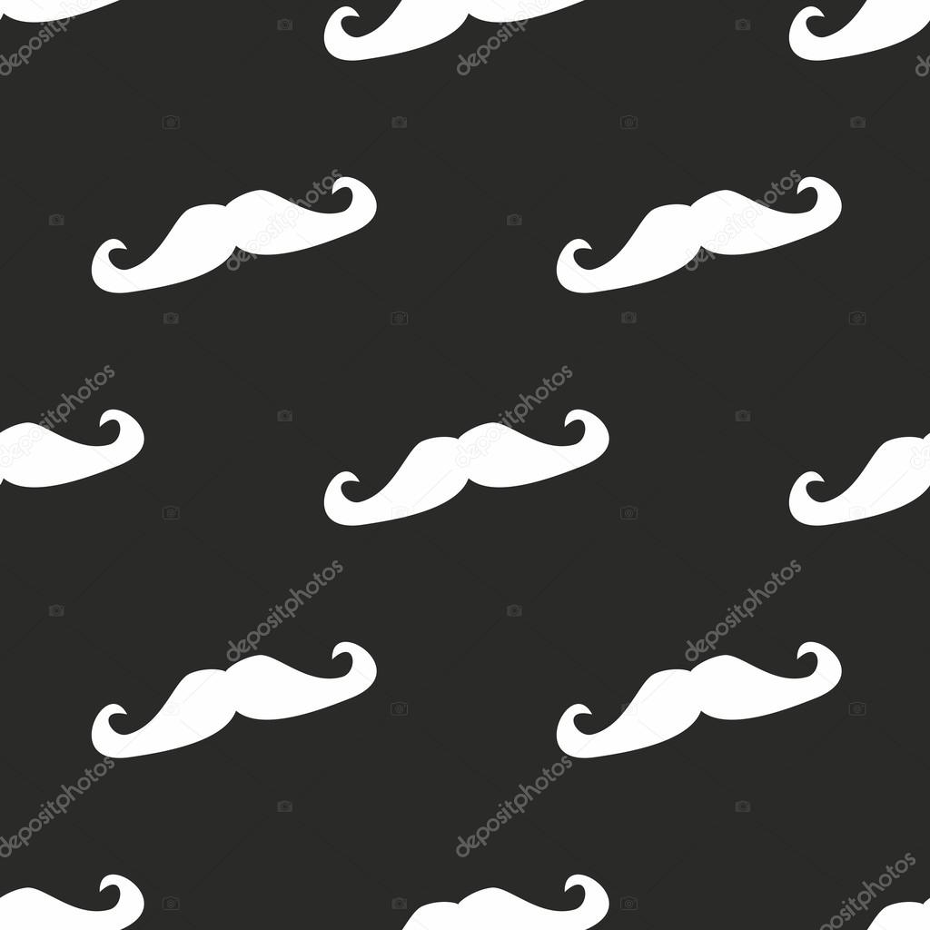 Seamless vector pattern, background or texture with white big curly vintage retro gentleman mustaches on black background.