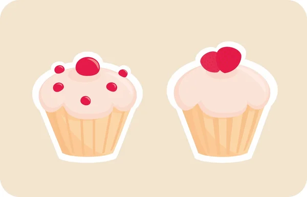 Sweet retro vector cupcakes silhouettes with red cherry and strawberry on top isolated on beige background. — Stock Vector