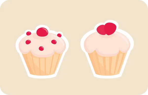 Kırmızı Kiraz ve çilek bej renkli arka plan üzerinde izole üstüne tatlı retro vektör cupcakes silhouettes. — Stok Vektör