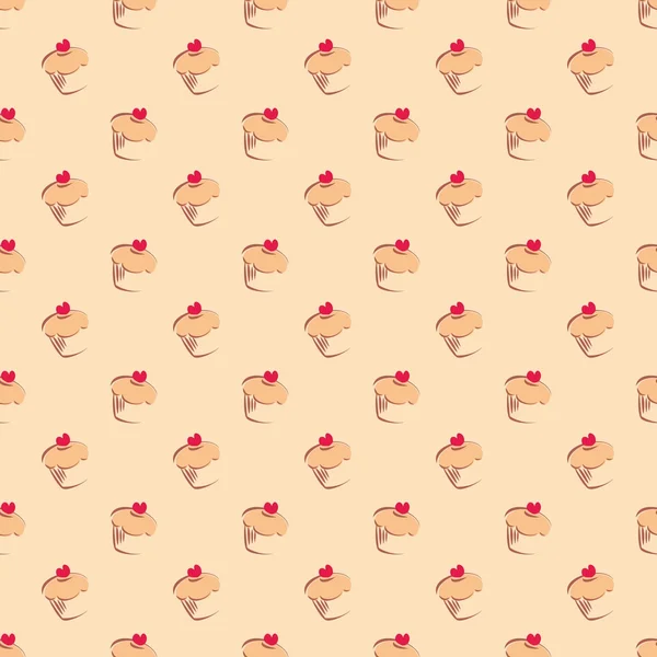 Patrón de vector sin costuras o textura con cupcakes dulces, pastel de magdalenas con corazón rojo en la parte superior. Fondo con dulces para tarjeta, invitación, valentines, diseño de papel pintado de escritorio o sitio web del blog culinario . — Vector de stock