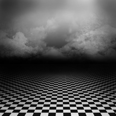 Empty, dark, psychedelic artistic image with black and white checker floor on the ground and ray of light in cloudy, dark sky. Gothic, drama background for poster, nightmare or wonderland image.