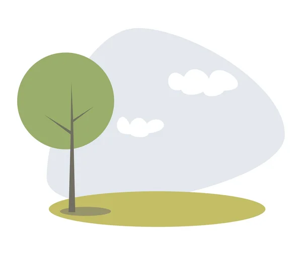 Vector árbol verde en la colina en el cielo azul la primavera o el día de verano. Paisaje ecológico idílico, parque o escena con nubes blancas - ilustración plana aislada sobre fondo blanco. — Vector de stock