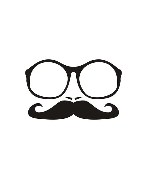 Vector men face with mustache and huge, hipster glasses. Black silhouette isolated on white background. — Stock Vector