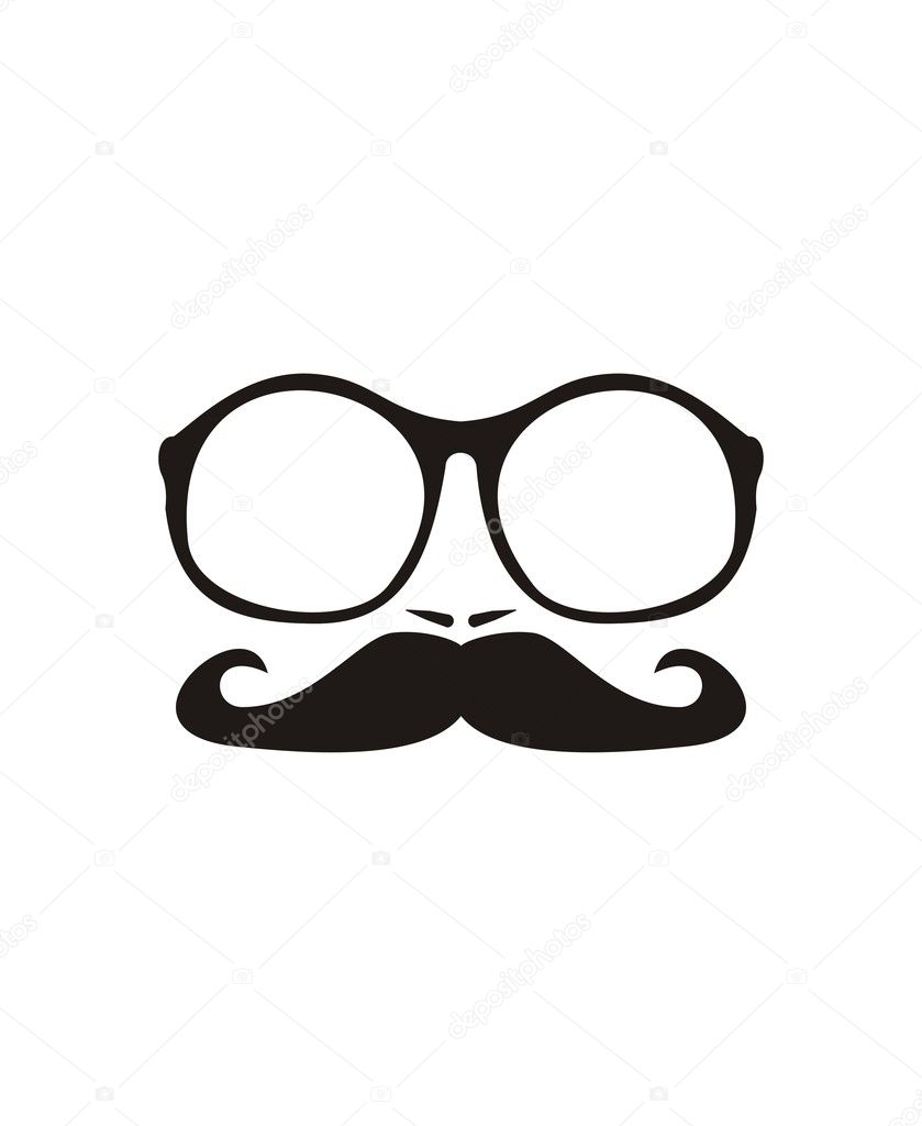 Vector men face with mustache and huge, hipster glasses. Black silhouette isolated on white background.