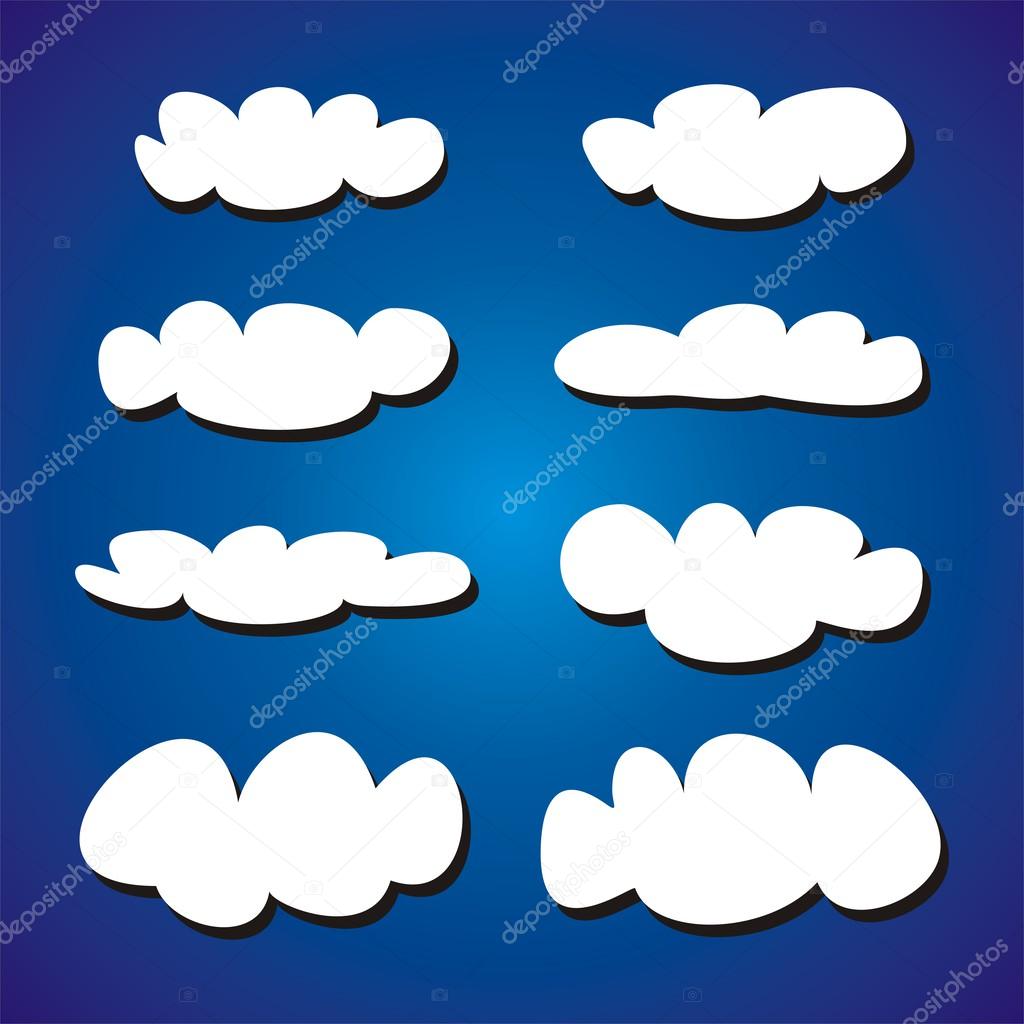 White hand drawn clouds vector illustration set. Collection on dark navy blue sky background.