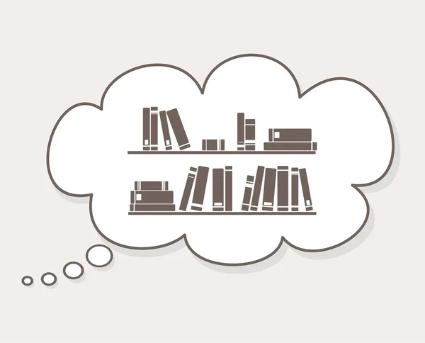 Penser à l'apprentissage, à l'étude, à la connaissance ou à la bibliothèque, - les livres vectoriels sur les étagères illustrent simplement rétro dans un ballon à bulles vocales . — Image vectorielle