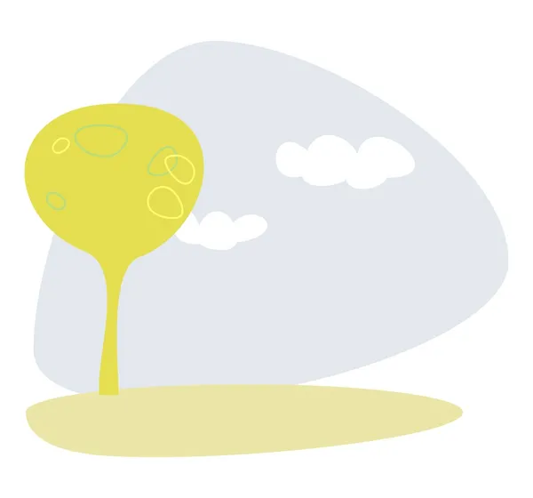 Vector árbol verde amarillo en la colina en el cielo azul la primavera o el día de verano. Paisaje ecológico idílico, parque o escena con nubes blancas - ilustración plana y moderna aislada sobre fondo blanco. — Vector de stock