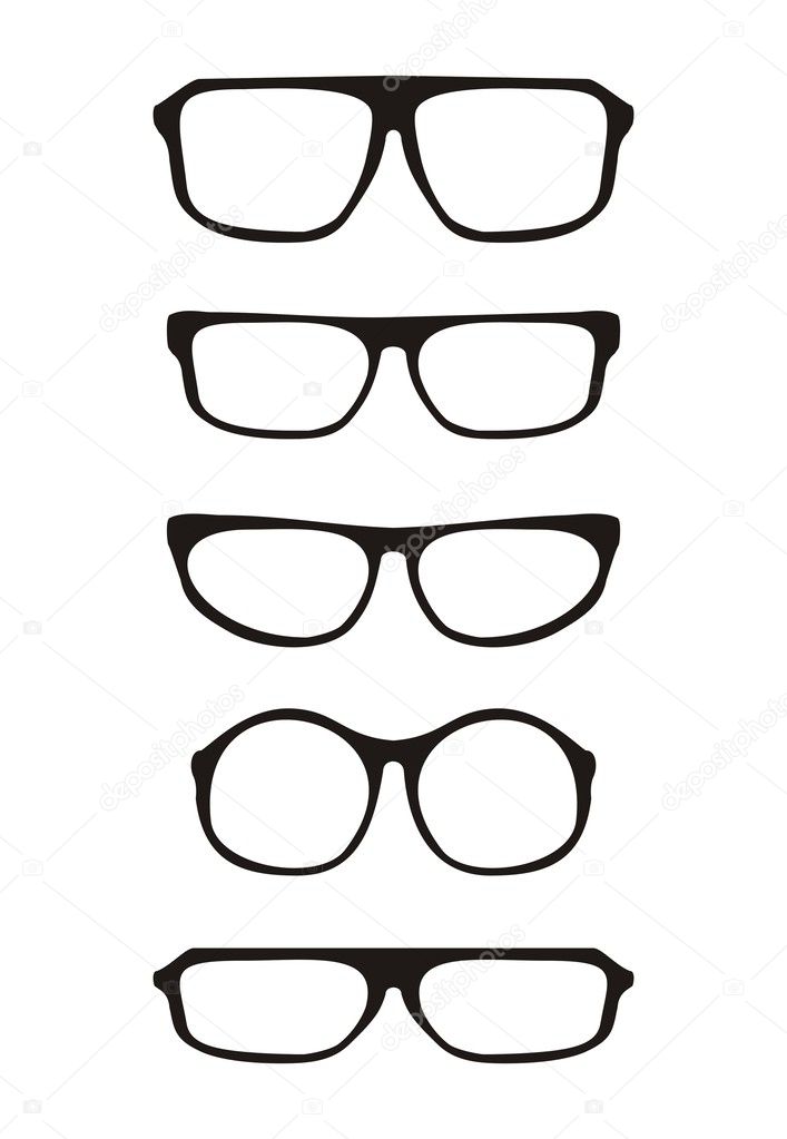 Vector glasses set with black thick holder retro hipster illustration isolated on white background. Medical huge eye glasses shilouette collection