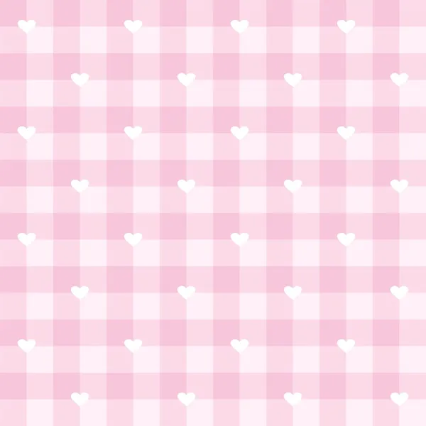 Patrón a cuadros vector sin costuras o textura de rejilla con corazones blancos para el diseño web, papel pintado de escritorio o sitio web blog culinario. Dulce rosa San Valentín fondo lleno de amor . — Vector de stock