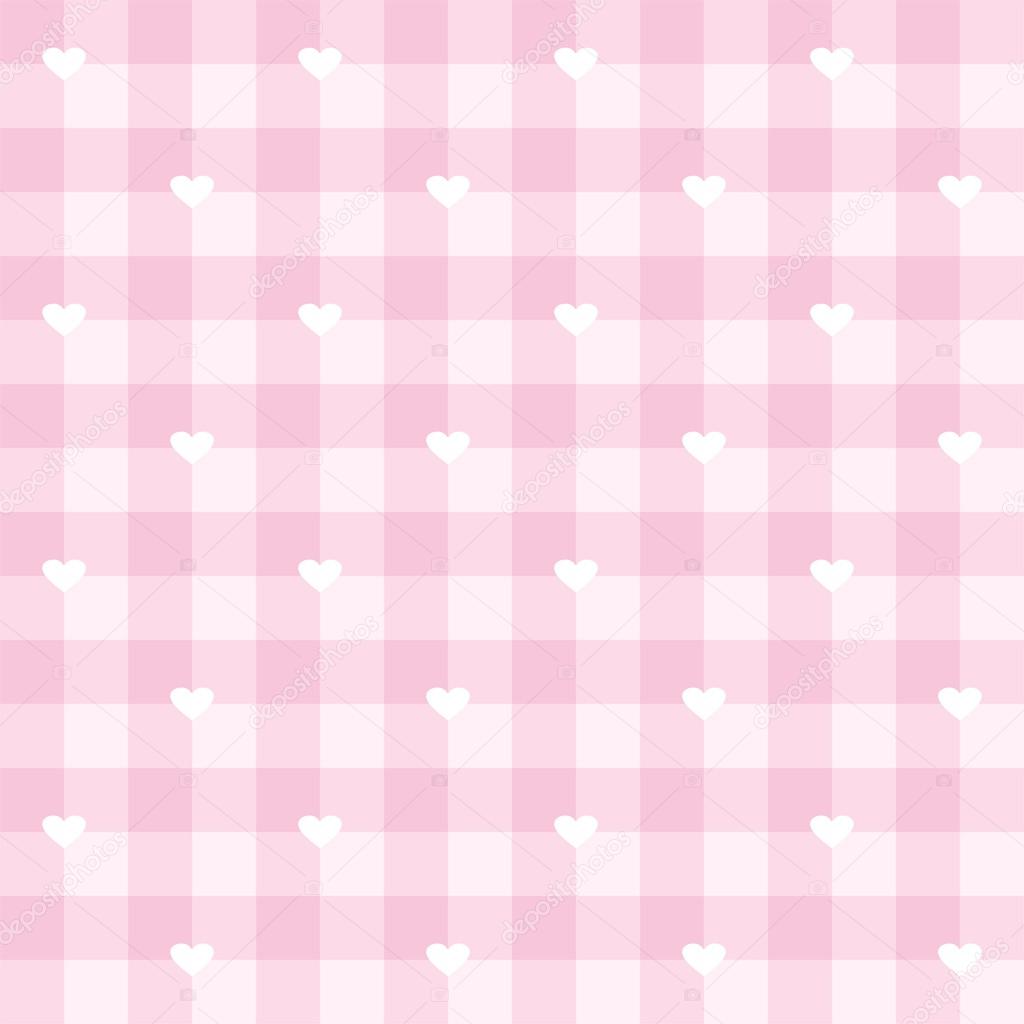 Seamless vector checkered pattern or grid texture with white hearts for web design, desktop wallpaper or culinary blog website. Sweet pink valentines background full of love.