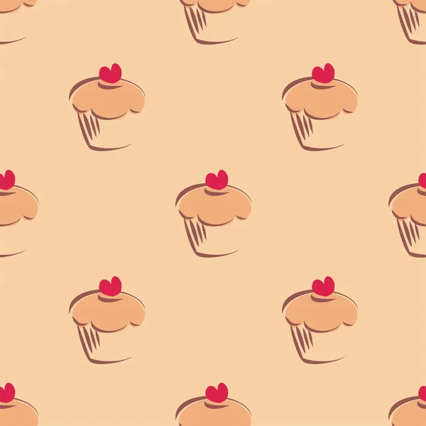 Modello vettoriale senza soluzione di continuità o texture con cupcake, muffin, torta dolce e cuore rosso sulla parte superiore — Vettoriale Stock