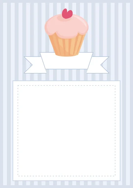 Documento vectorial, menú de restaurante, tarjeta de boda, lista o invitación para la ducha del bebé con cupcake retro dulce en patrón vintage azul o fondo de textura stipes con lugar blanco vacío — Vector de stock