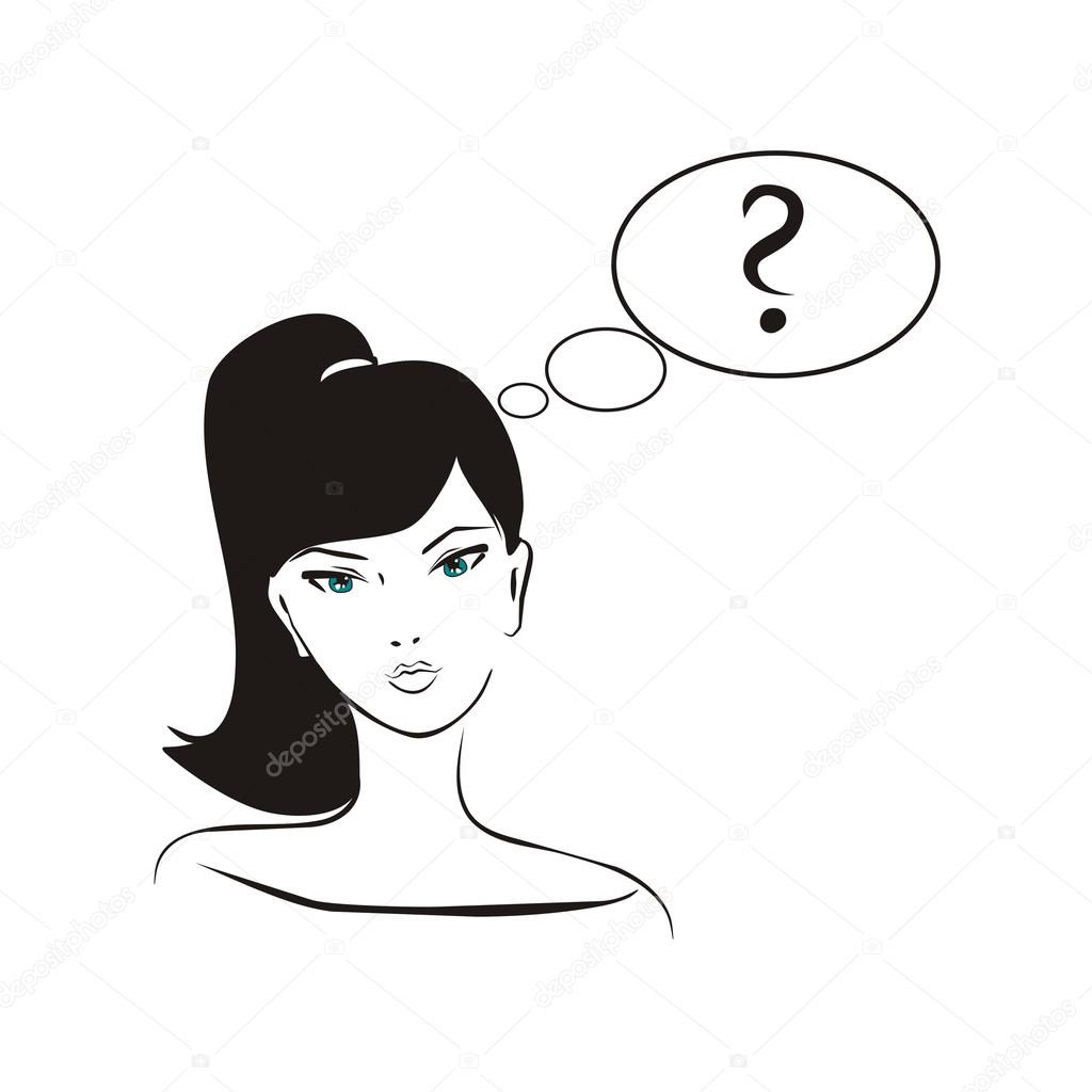 Vector illustration of asking girl. Young, hand drawn in simply glamour design style, thinking girl with black hair and question mark in bubble speech.