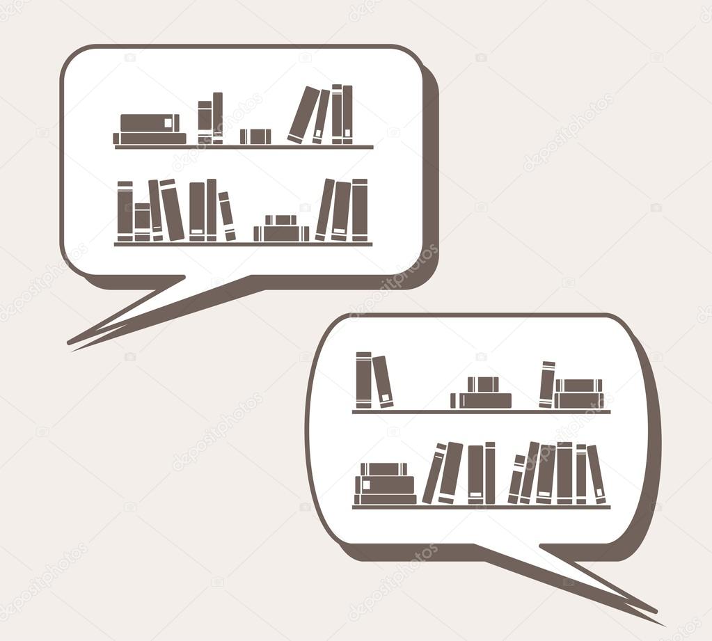 Conversation about knowledge, library, learning - books on the shelves simply retro cartoon vector illustration in speech bubble balloon. Talking or thinking about books and reading