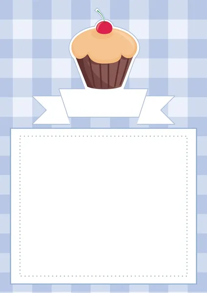 Cartão de menu de restaurante vetorial azul, lista de chá de bebê, convite de casamento com cupcake de chocolate retro doce com coração vermelho no topo — Vetor de Stock