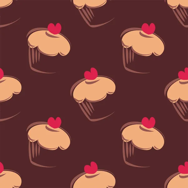 Vector sin costuras patrón marrón chocolate oscuro o textura con cupcakes grandes, magdalenas, pastel dulce y corazón rojo en la parte superior . — Archivo Imágenes Vectoriales