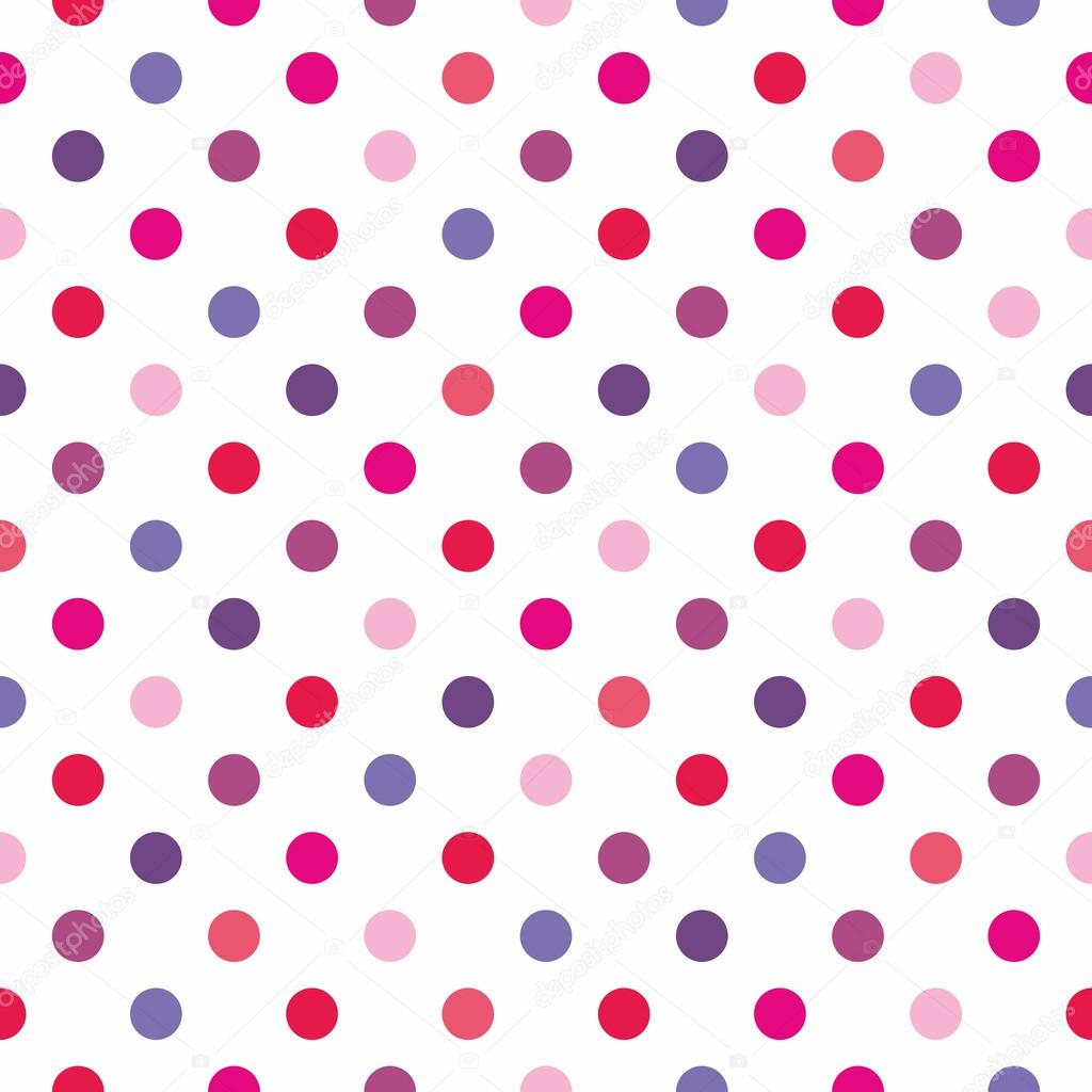 Seamless vector pattern, texture or background with colorful pink, blue, violet and hot red polka dots on white background