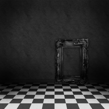 Empty, dark, psychedelic room with black and white checker on the floor and empty black frame. Nightmare or dream, museum scene or art gallery.