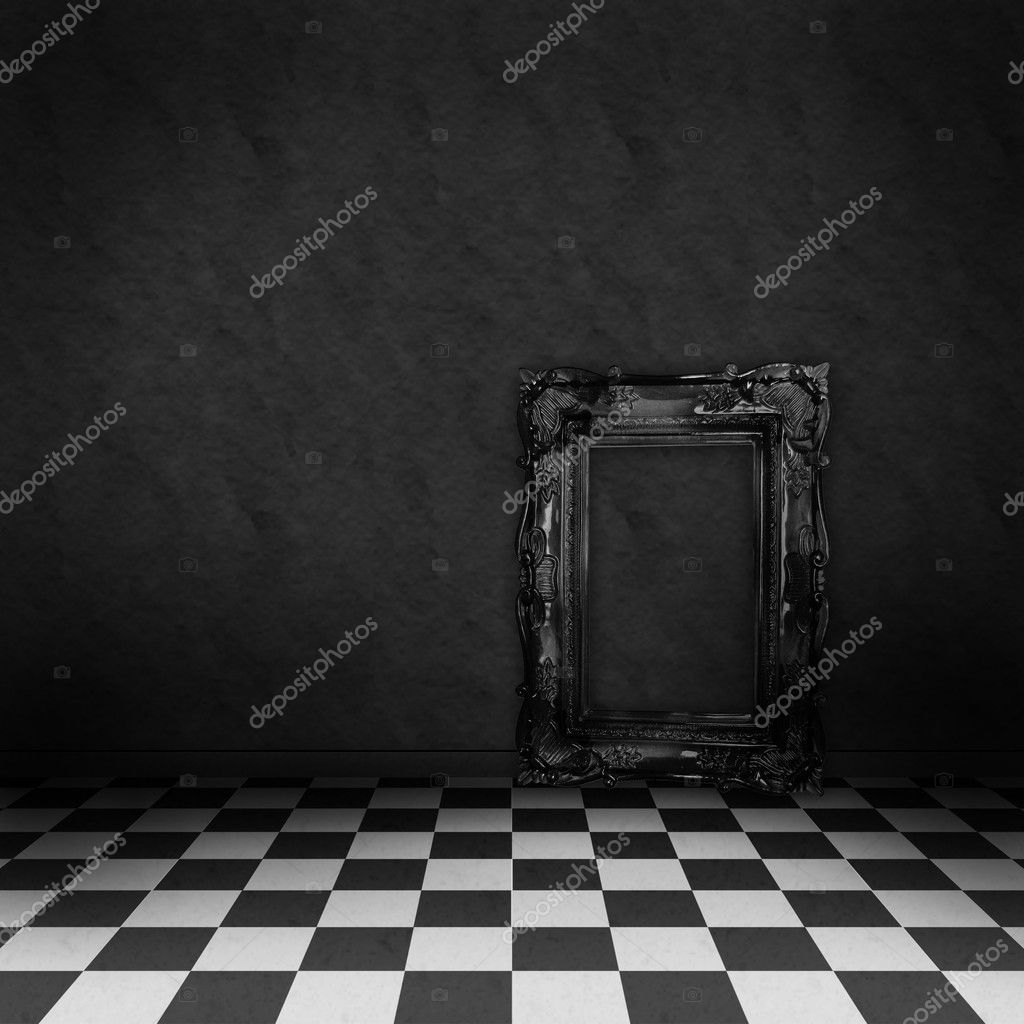 Chambre vide, sombre, psychédélique avec damier noir et blanc au sol et  cadre noir vide. Cauchemar ou rêve, scène de musée ou galerie d'art . —  Photo de stock par ©mala-ma -, image size:1024x1024