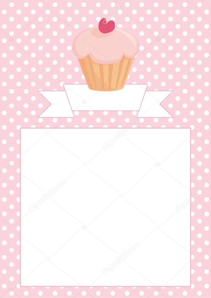 Vector restaurant menu, wedding card, list or baby shower invitation with sweet retro cupcake on pink and white vintage polka dots texture background