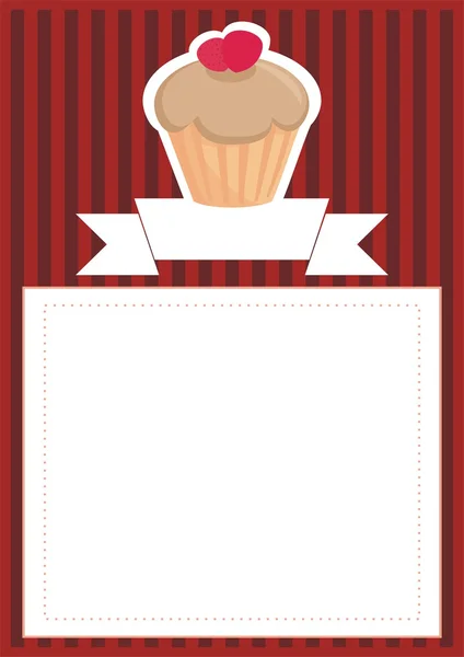 Menu de restaurante vetorial retro, cartão de casamento, lista ou convite para chá de bebê com cupcake de toffee doce no padrão vintage marrom vermelho ou fundo de textura de stipes com espaço vazio branco — Vetor de Stock