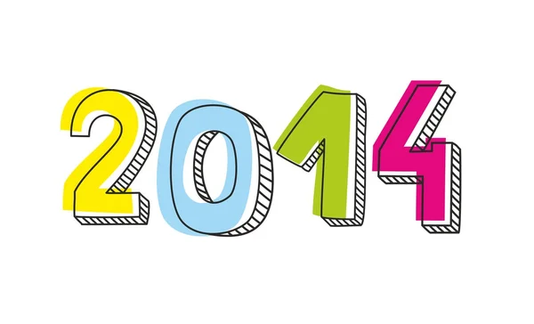 새 해 2014 벡터 손으로 그린 낙서 기호 또는 노란색, 파란색, 분홍색 및 녹색 형광펜으로 숫자 기호 초안. 흰색 바탕에 격리 된 메시지를 강조. — 스톡 벡터