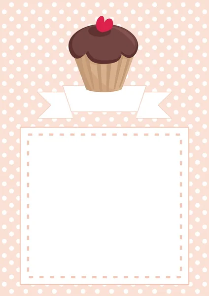 Vector restaurant menu, wedding card, list or baby shower invitation with sweet retro chocolate cupcake on pink and white vintage polka dots texture background with white space for your own message. — Stock Vector