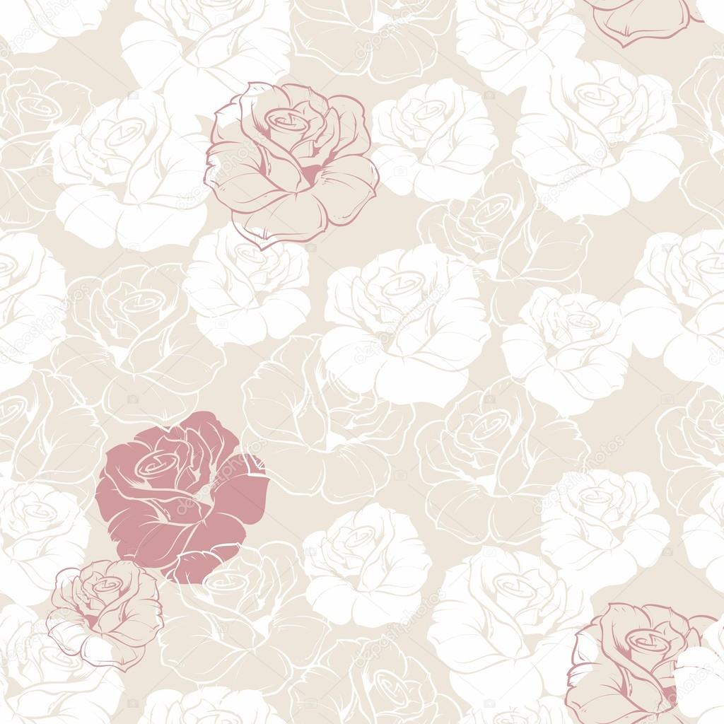 Seamless retro vector floral pattern with classic white and red roses on beige background