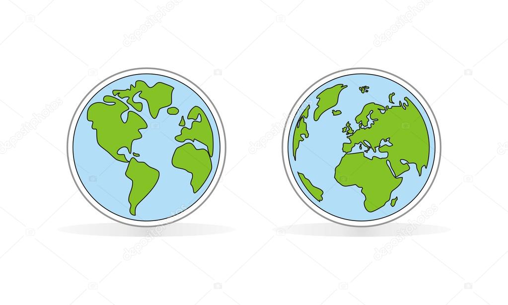 Hand drawn vector planet earth illustration with both globes, America, Asia, Europe and Africa. Ecology icon or sign in green and blue color - simply doodle flat design element.