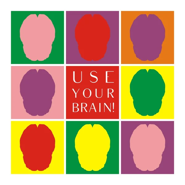 Gebruik uw hersenen kleurrijke vector icon set. denken of brainstorm symbool collectie met motivatie tekst. menselijk brein symboliseert idee, geest en wijsheid — Stockvector