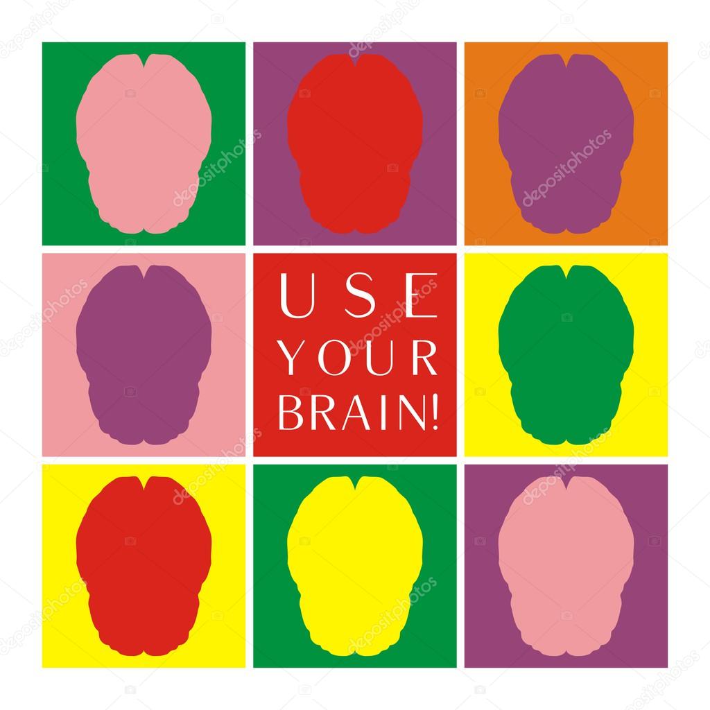 Use your brain colorful vector icon set. Thinking or brainstorm symbol collection with motivation text. Human brain symbolizing idea, mind and wisdom