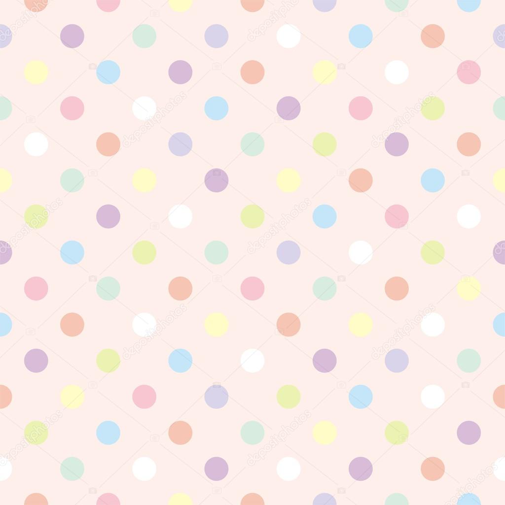 Colorful blue, red, pink, green, white, yellow and violet pastel polka dots on baby pink background - retro seamless vector pattern