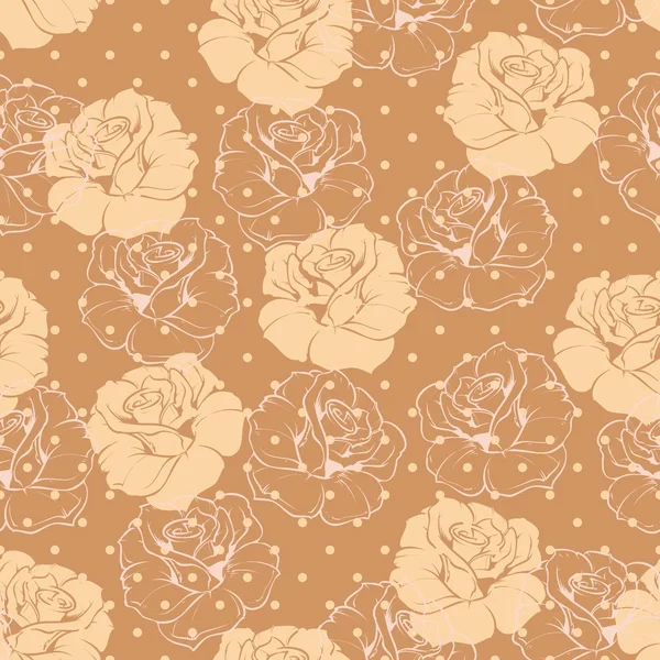 Seamless vector floral pattern elegant beige roses on brown background with polka dots — Stock Vector