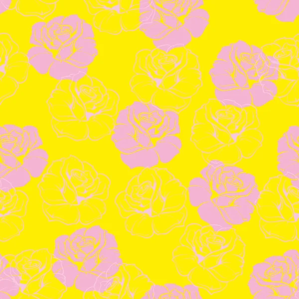 네온 밝은 노란색 바탕에 핑크 레트로 장미 원활한 벡터 꽃 패턴. — 스톡 벡터